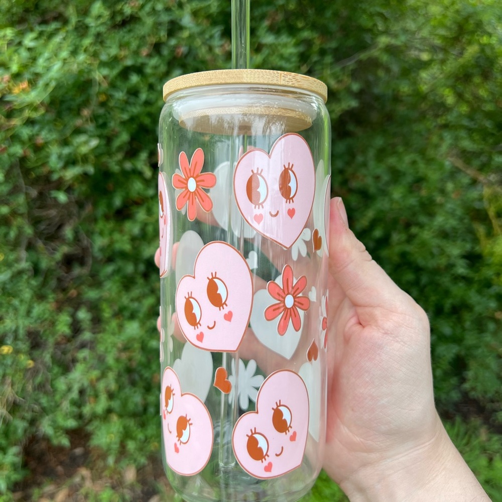 Cute Heart and Flower Glass Tumbler with Straw